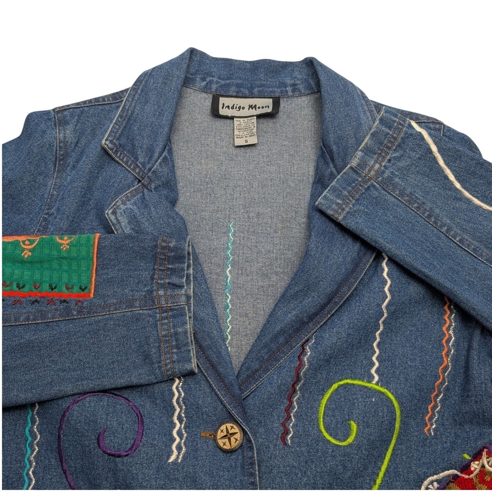 Indigo Moon Denim Patchwork‎ Jacket Womens Small Blue Wearable Art Boho